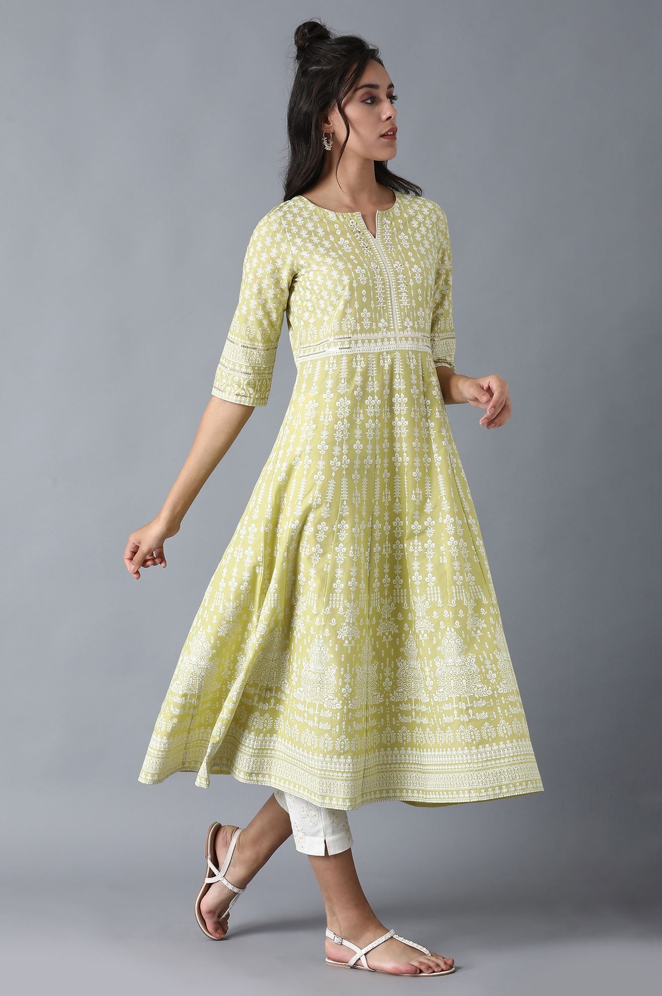 Green Round Neck Printed Anarkali kurta