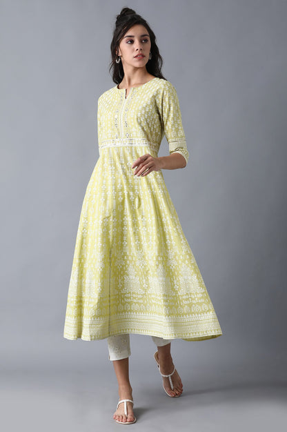 Green Round Neck Printed Anarkali kurta