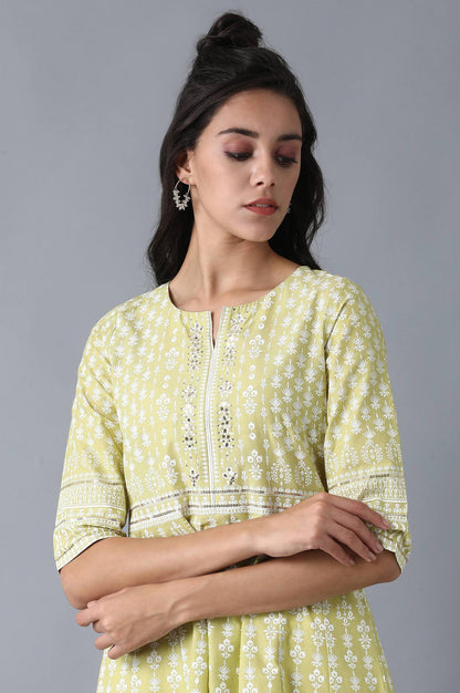 Green Round Neck Printed Anarkali kurta