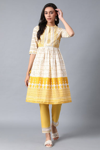 Yellow Mandarin Neck Printed kurta
