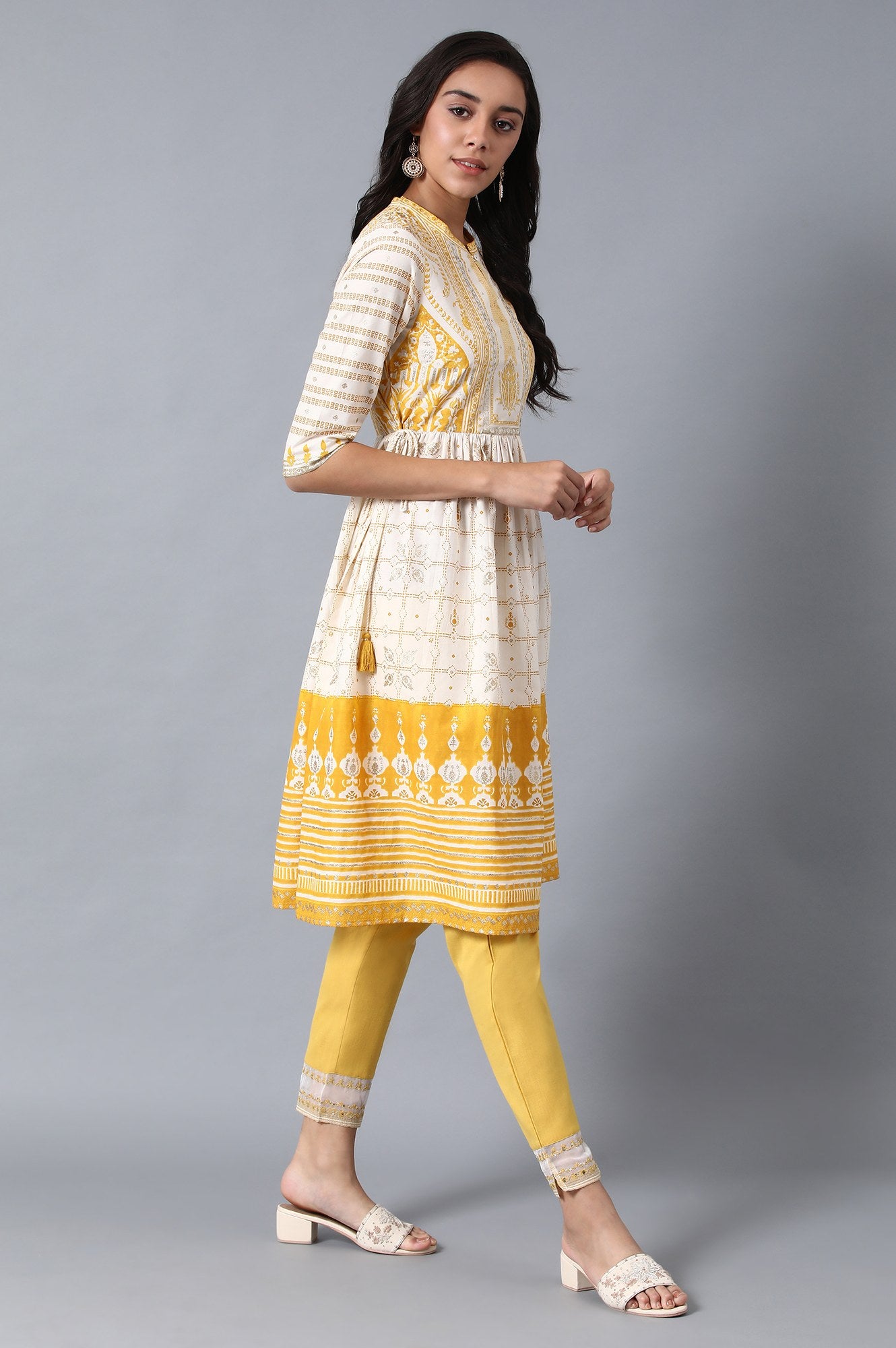Yellow Mandarin Neck Printed kurta