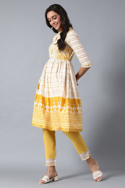 Yellow Mandarin Neck Printed kurta
