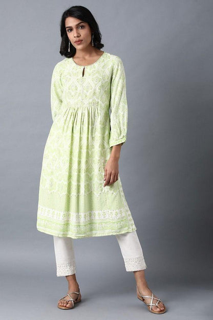Green Round Neck Printed Livaeco kurta - wforwoman