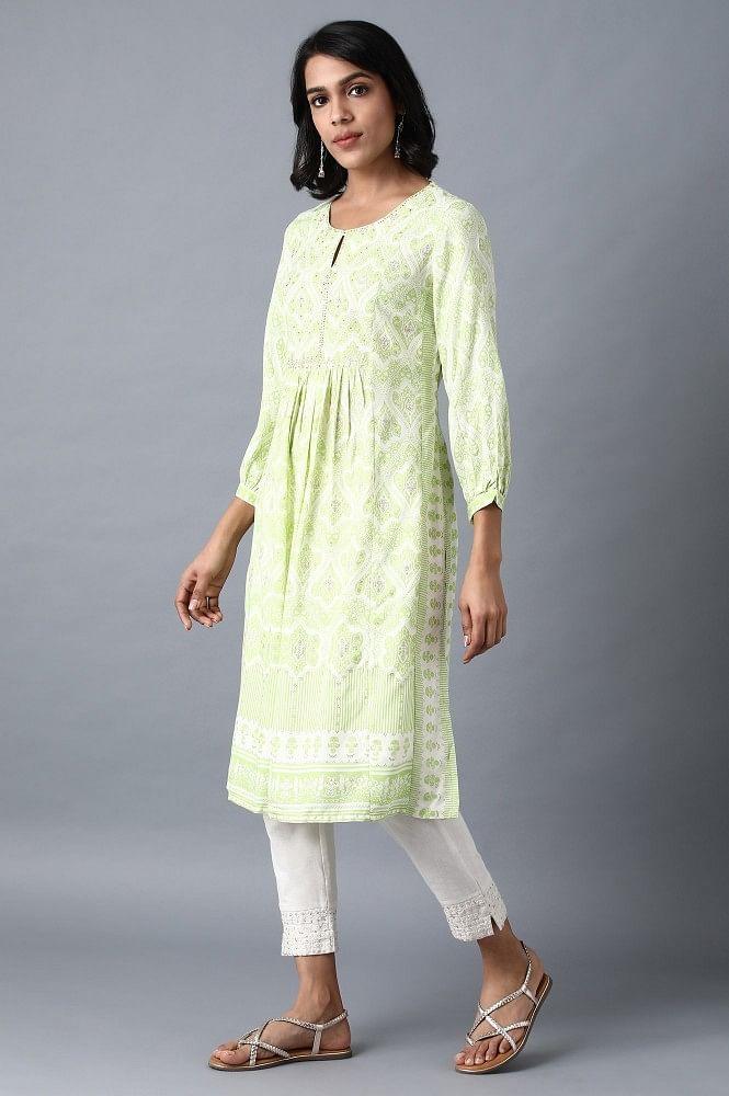 Green Round Neck Printed Livaeco kurta - wforwoman