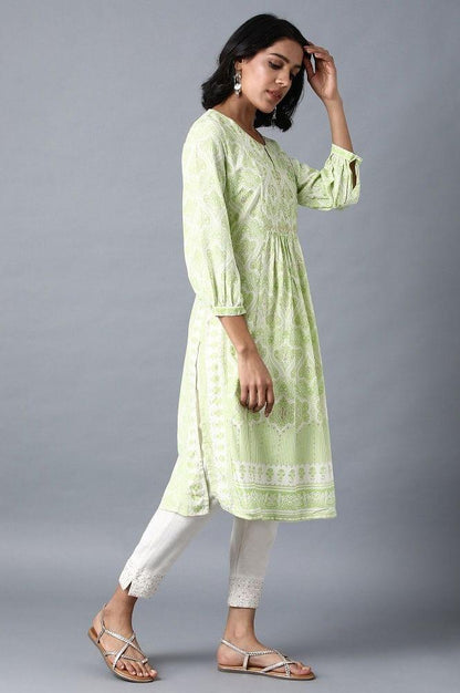 Green Round Neck Printed Livaeco kurta - wforwoman