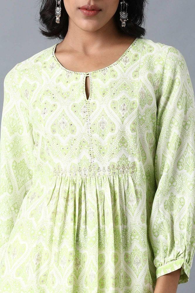 Green Round Neck Printed Livaeco kurta - wforwoman