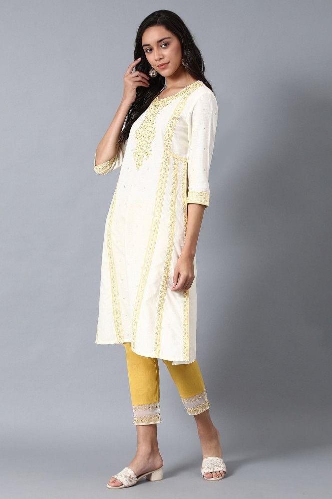 Yellow Round Neck Embroidered kurta - wforwoman
