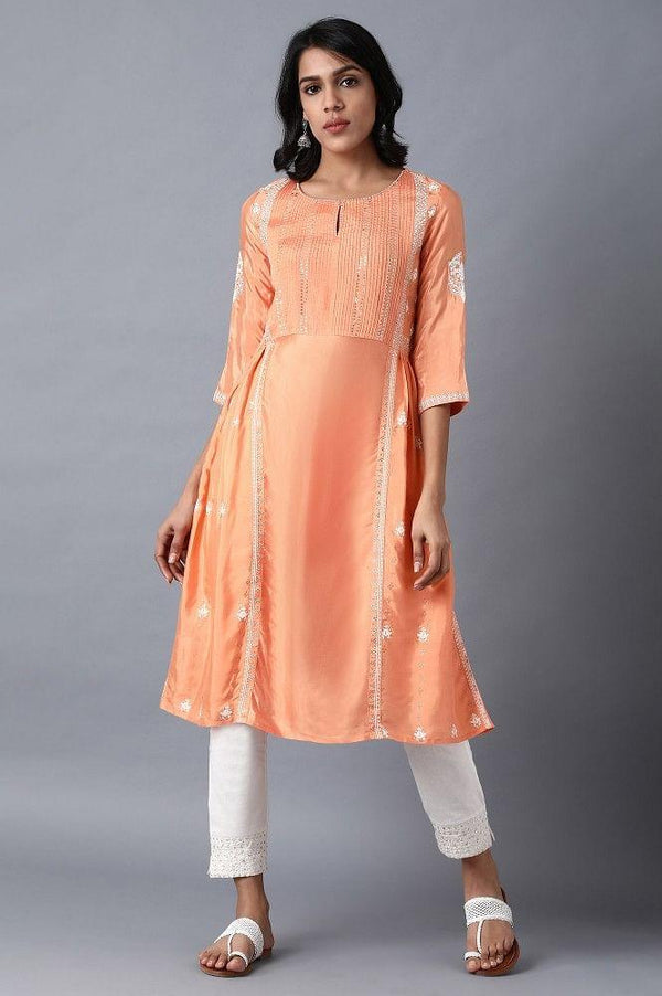 Orange Round Neck Printed kurta