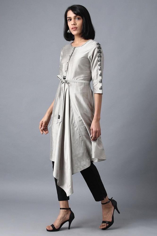 Ecru Round Neck Tie-up kurta - wforwoman