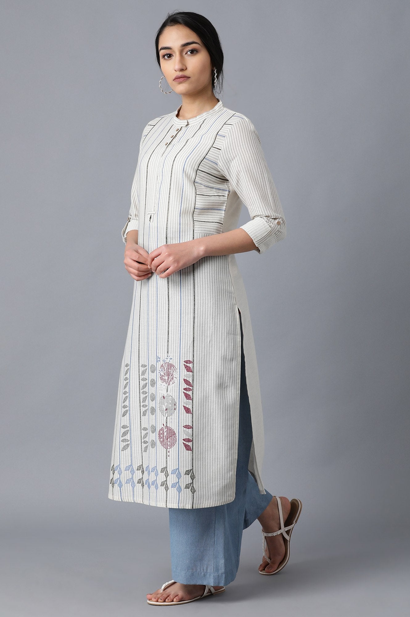 Ecru Mandarin Neck Printed kurta