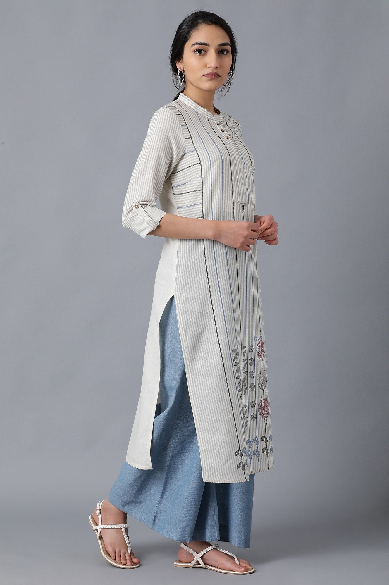 Ecru Mandarin Neck Printed kurta