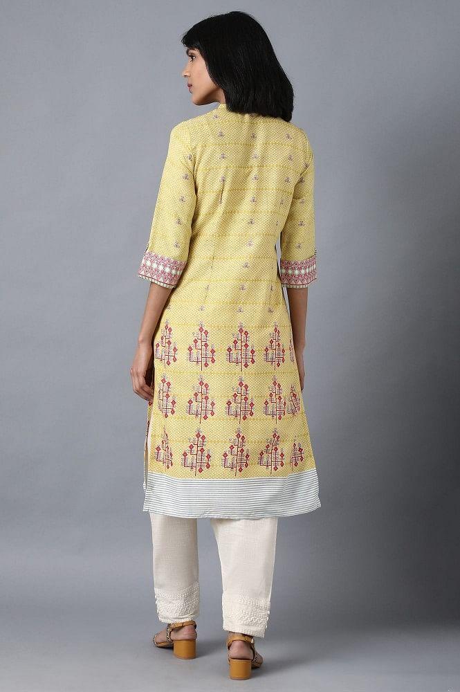 Yellow Mandarin Neck Printed Livaeco kurta - wforwoman
