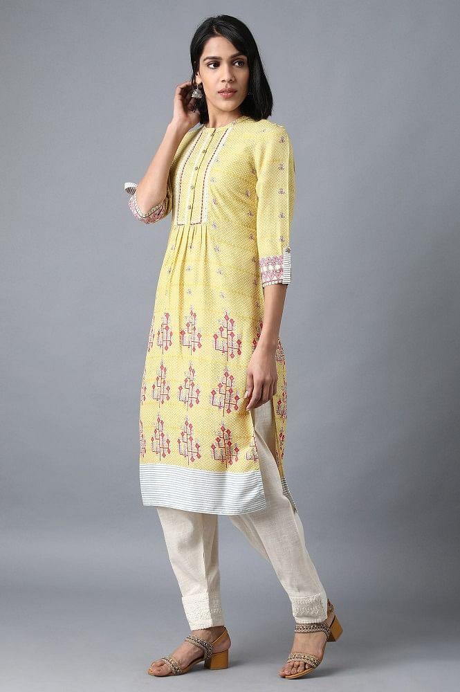 Yellow Mandarin Neck Printed Livaeco kurta - wforwoman