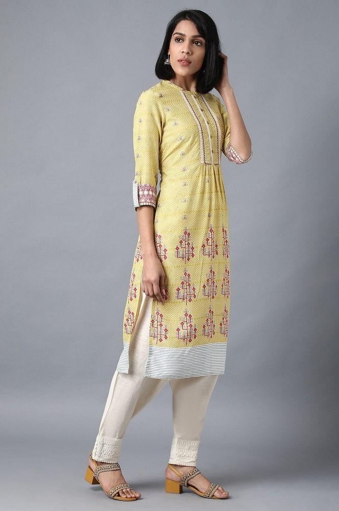 Yellow Mandarin Neck Printed Livaeco kurta - wforwoman