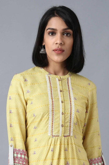 Yellow Mandarin Neck Printed Livaeco kurta - wforwoman