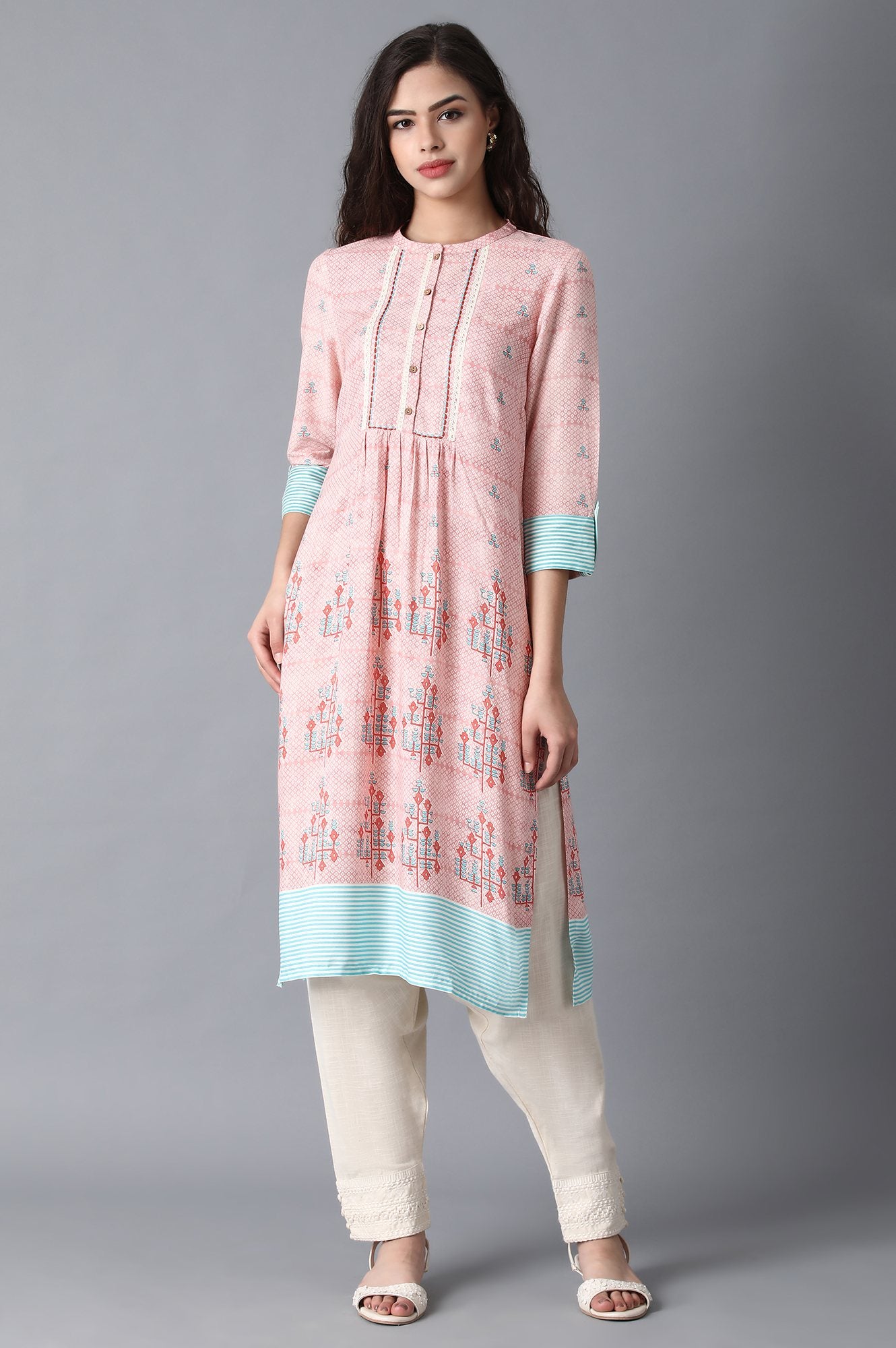 Pink Mandarin Neck Printed Livaeco kurta