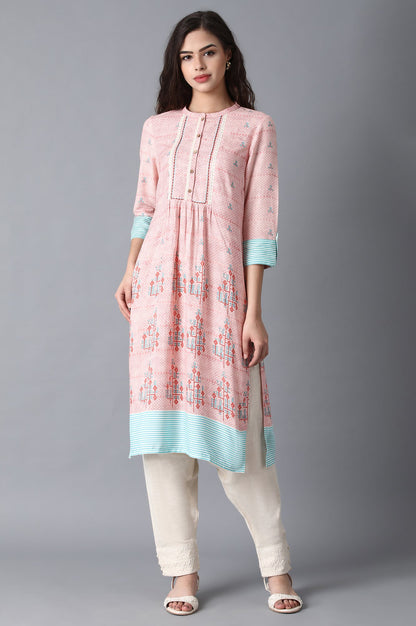 Pink Mandarin Neck Printed Livaeco kurta