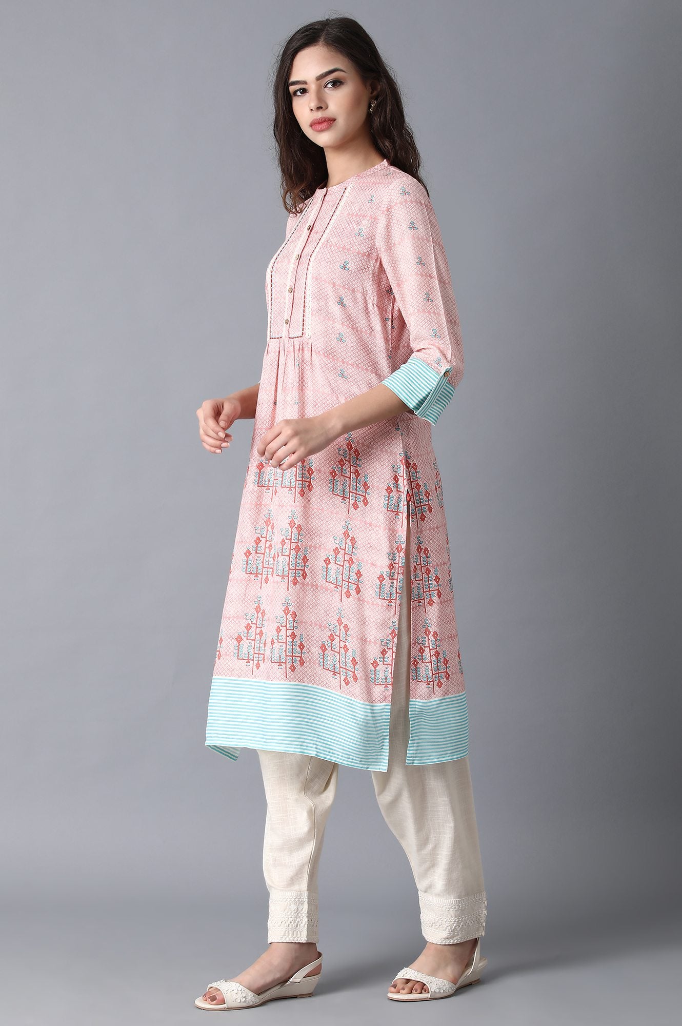 Pink Mandarin Neck Printed Livaeco kurta