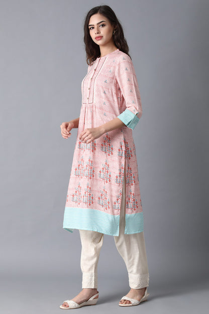 Pink Mandarin Neck Printed Livaeco kurta