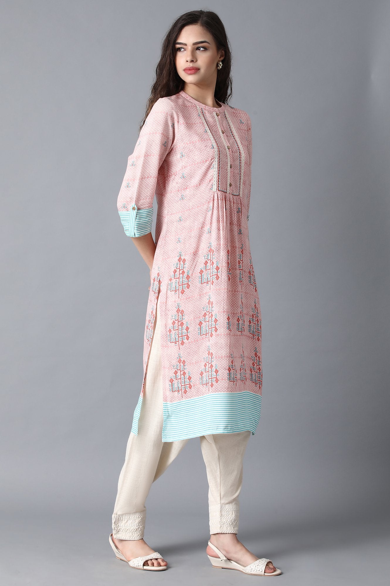 Pink Mandarin Neck Printed Livaeco kurta
