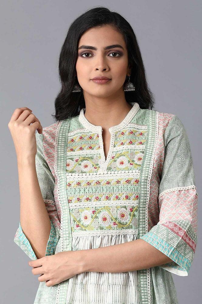 Smoke Green Mix Print Panelled Dress - wforwoman