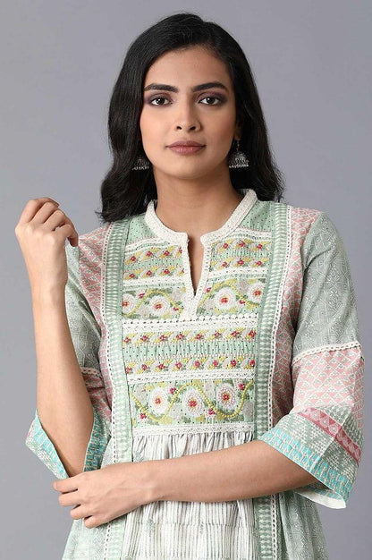 Smoke Green Mix Print Panelled Dress - wforwoman