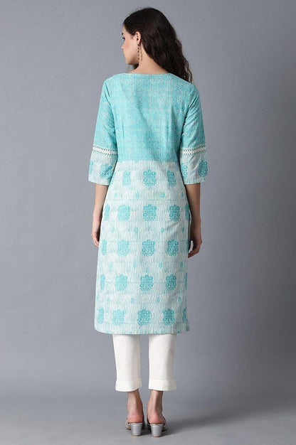 Blue Round Neck Printed kurta - wforwoman