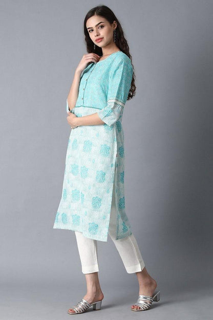 Blue Round Neck Printed kurta - wforwoman