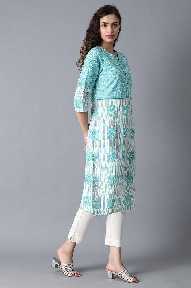 Blue Round Neck Printed kurta - wforwoman