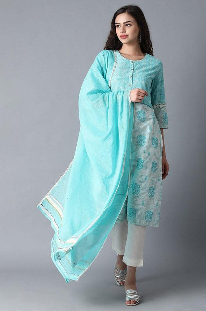Blue Round Neck Printed kurta - wforwoman