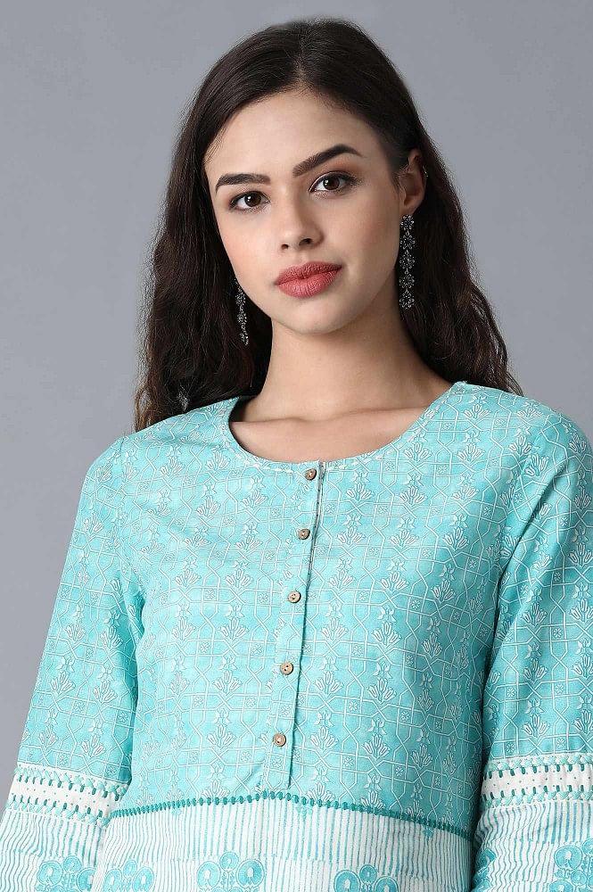 Blue Round Neck Printed kurta - wforwoman