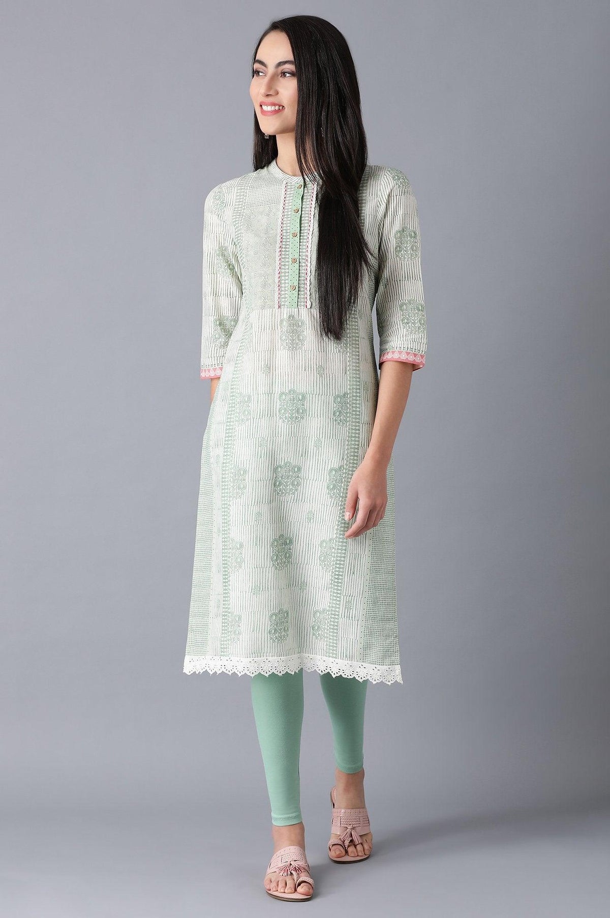 Smoke Green Printed Straight kurta in Mandarin Neck - XS