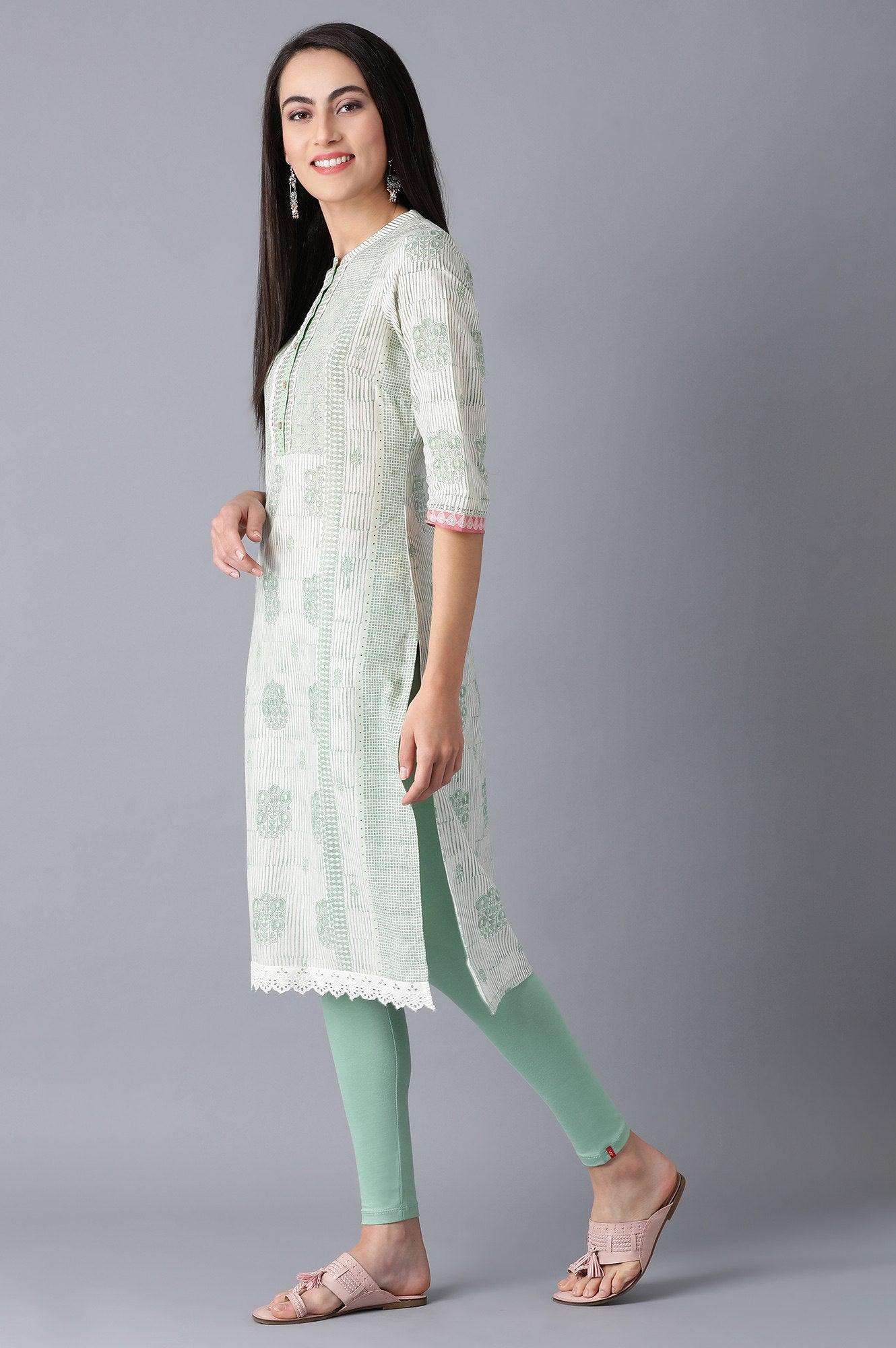 Smoke Green Printed Straight kurta in Mandarin Neck - wforwoman