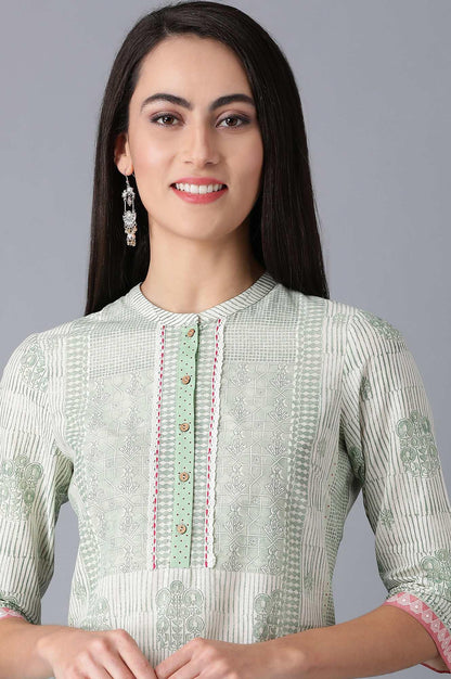 Smoke Green Printed Straight kurta in Mandarin Neck - wforwoman