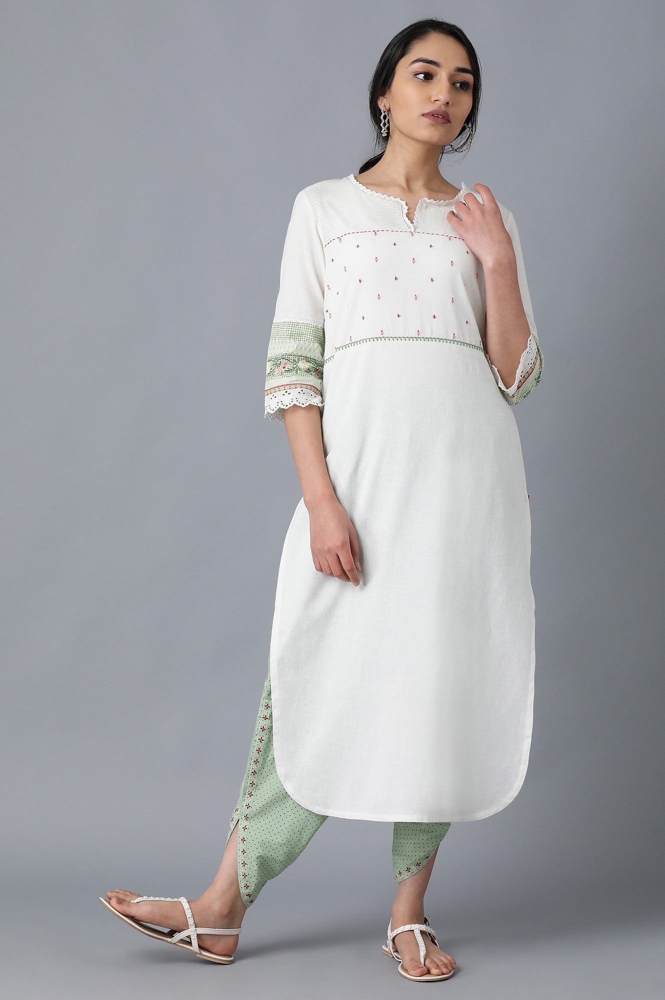 Ecru Round Neck Printed kurta