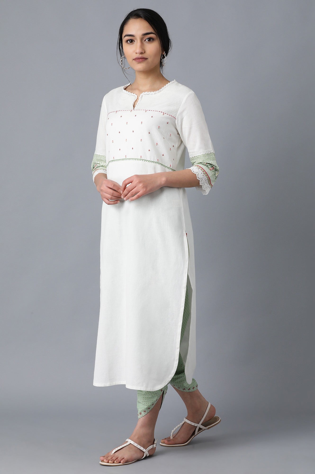 Ecru Round Neck Printed kurta