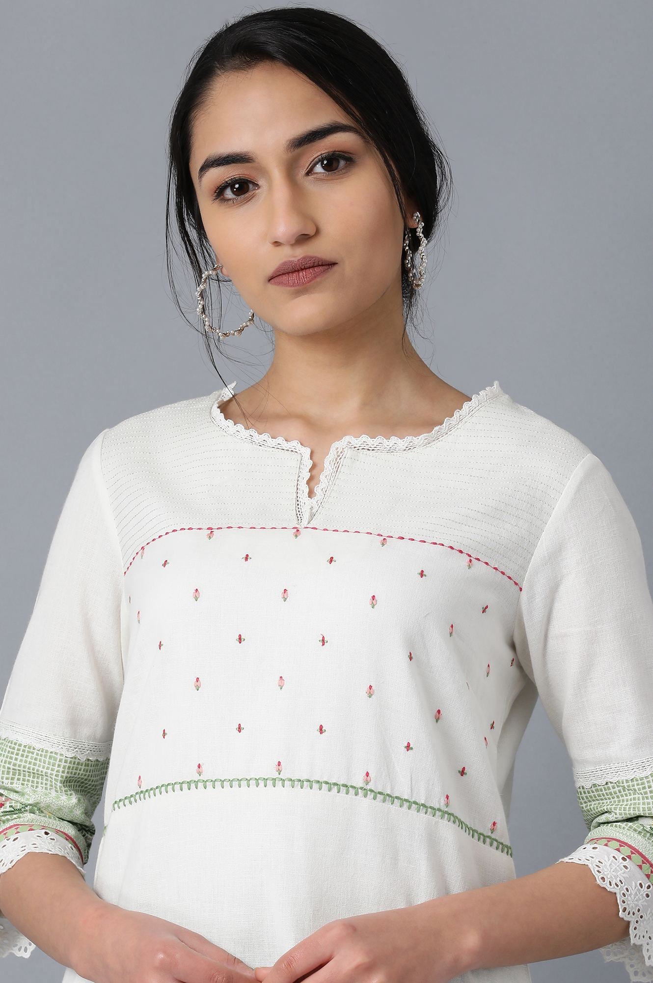Ecru Round Neck Printed kurta
