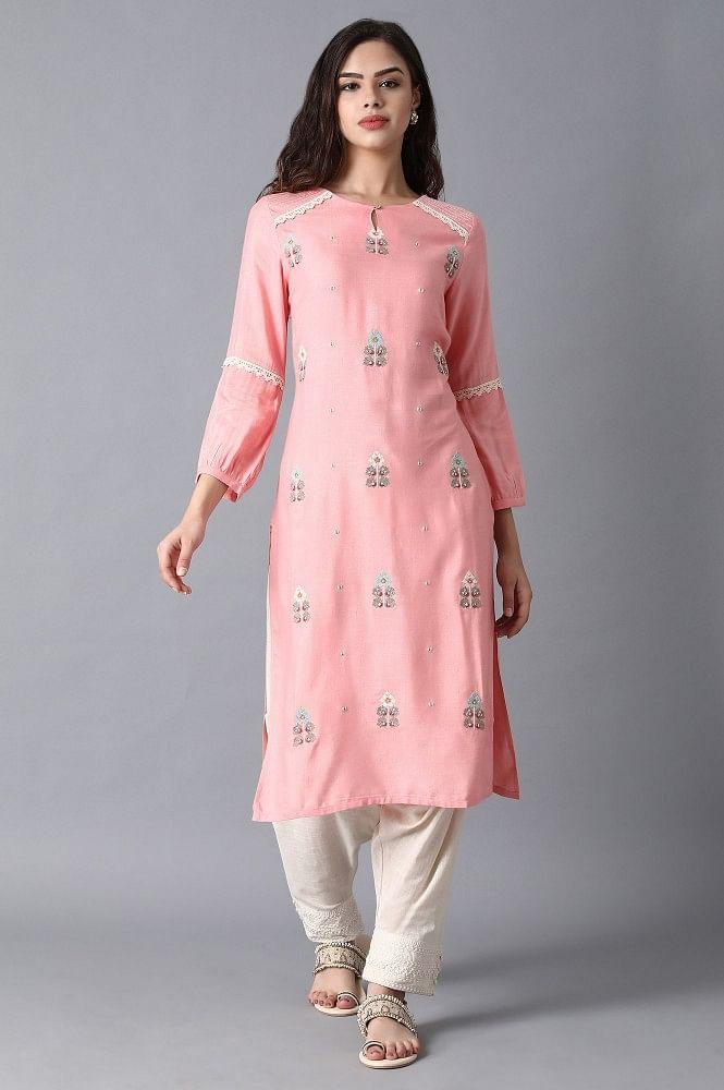 Pink Round Neck Embroidered kurta - XS