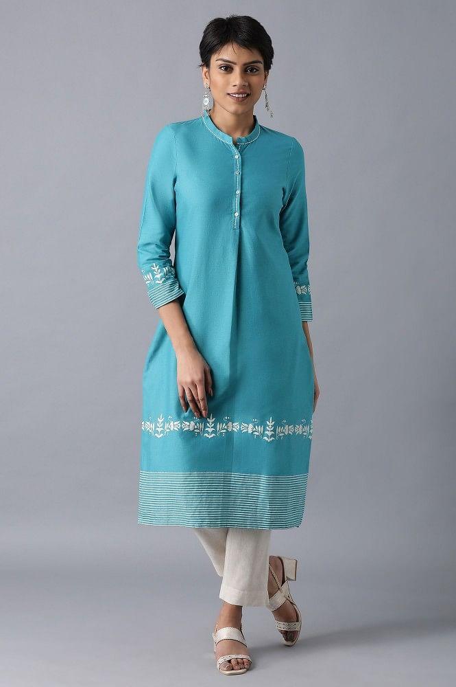 Teal Mandarin Neck Printed kurta - XS
