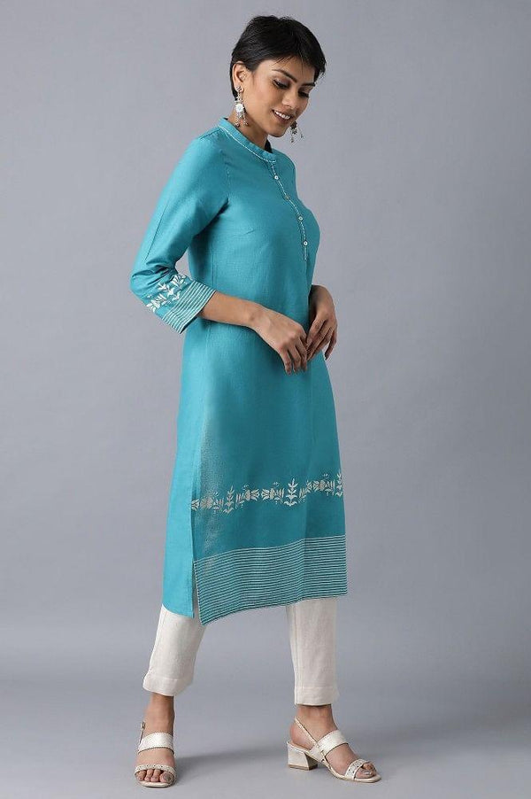 Teal Mandarin Neck Printed kurta