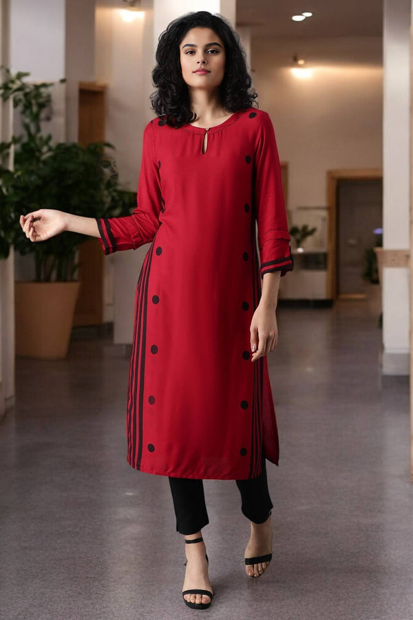 Red Geometric Printed Keyhole Neckline Rayon Straight Kurta