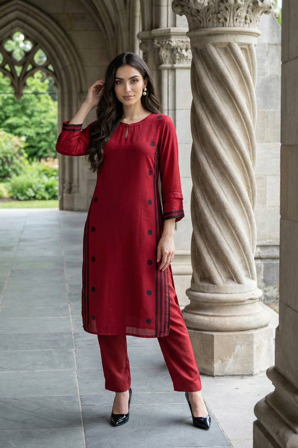 Red Geometric Printed Keyhole Neckline Rayon Straight Kurta