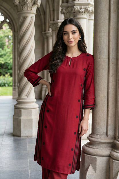 Red Geometric Printed Keyhole Neckline Rayon Straight Kurta