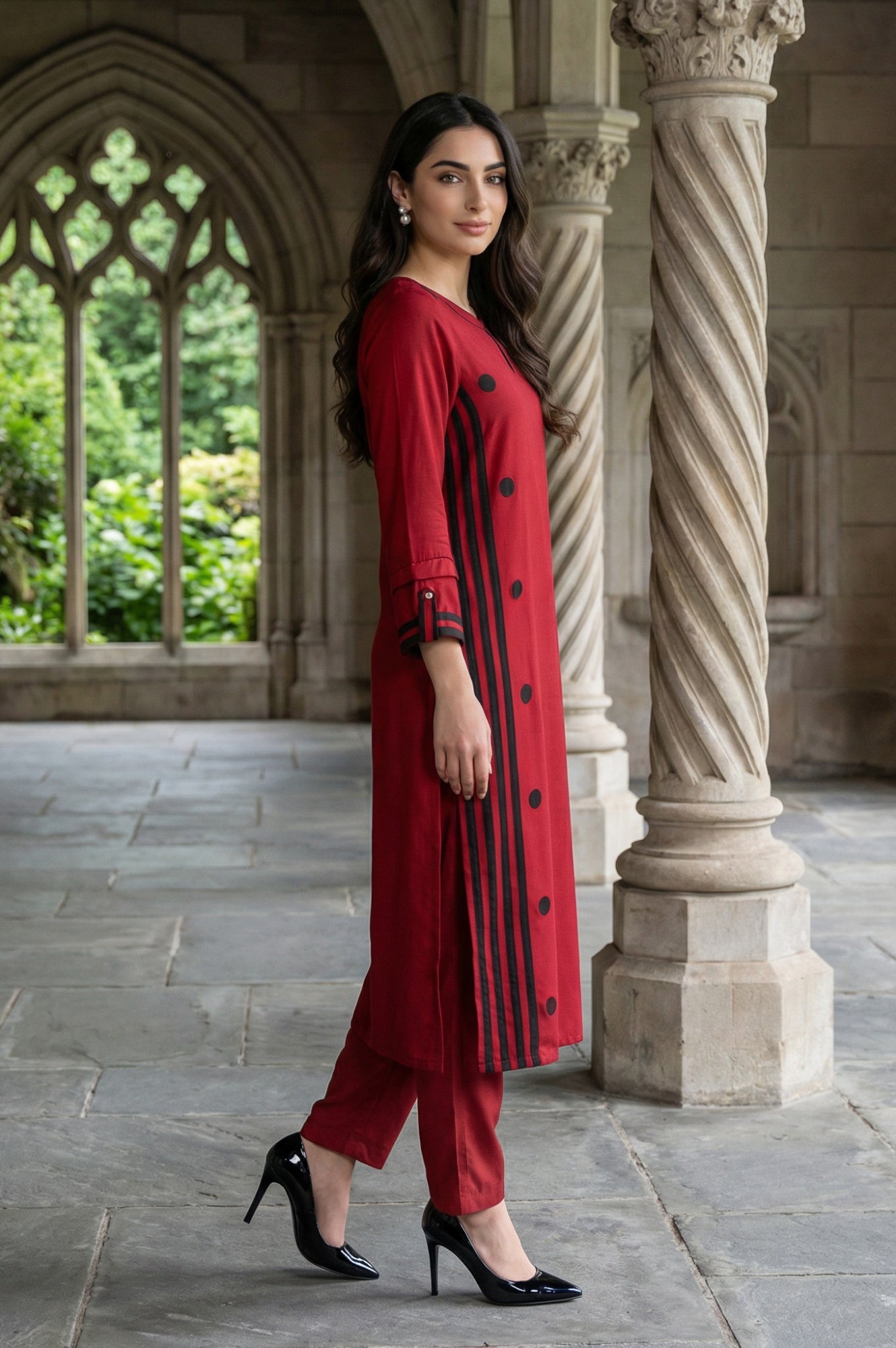Red Geometric Printed Keyhole Neckline Rayon Straight Kurta
