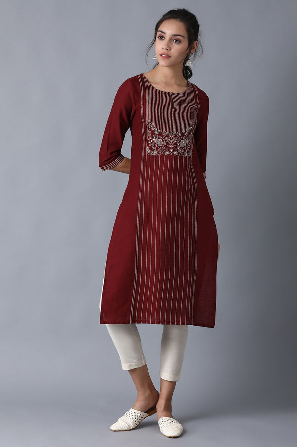 Maroon Round Neck Embroidered kurta