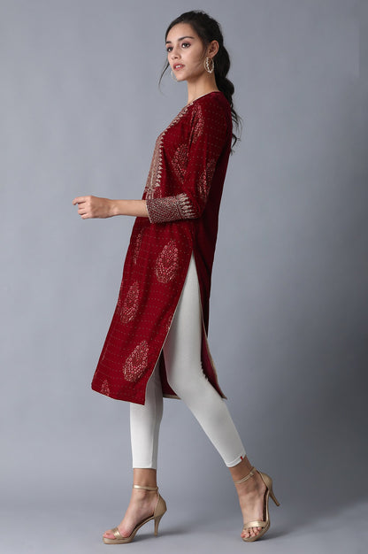 Maroon Round Neck Embroidered kurta