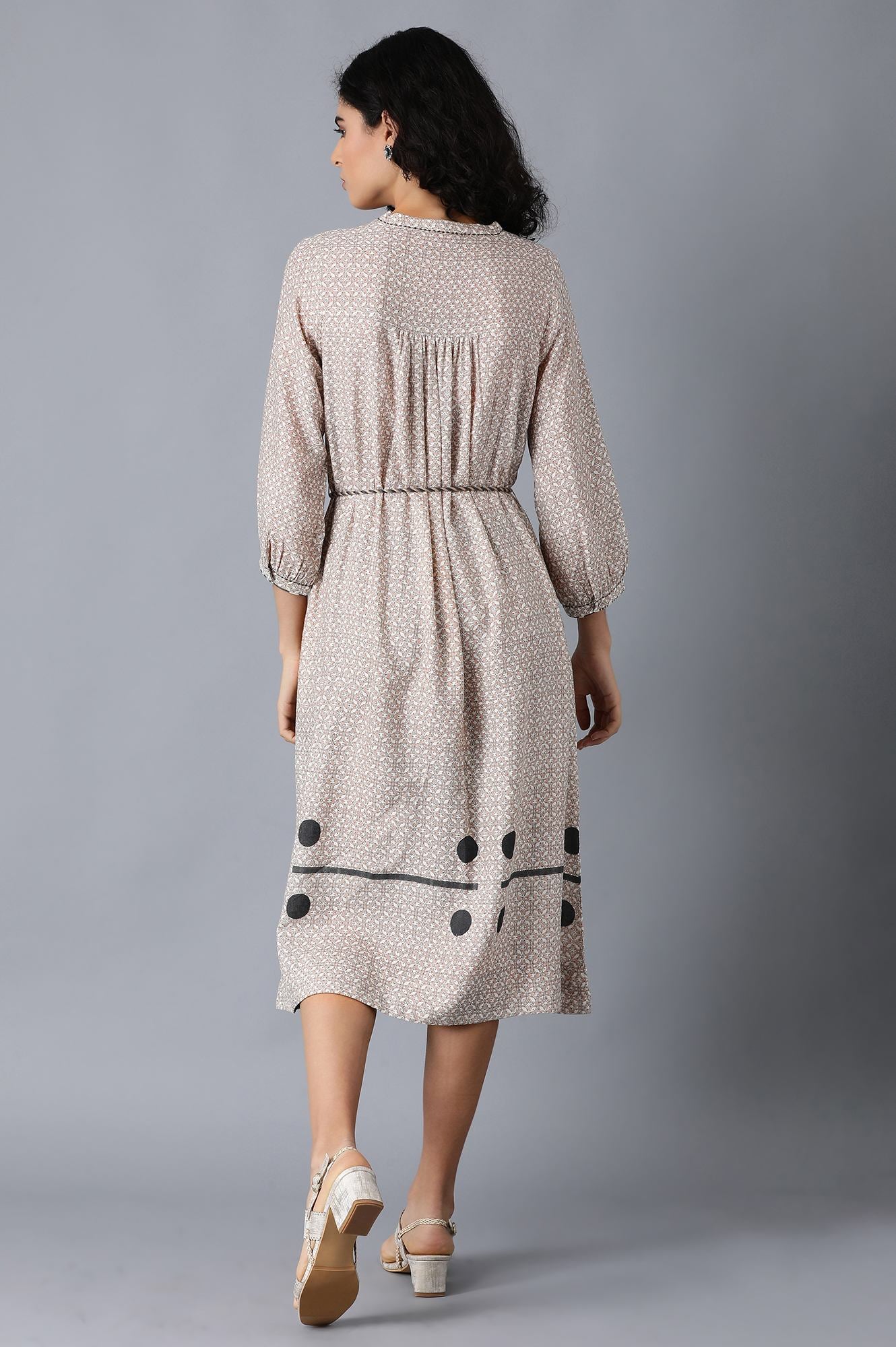 Beige V-Neck Printed Dress