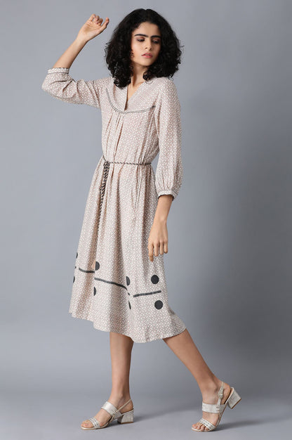 Beige V-Neck Printed Dress