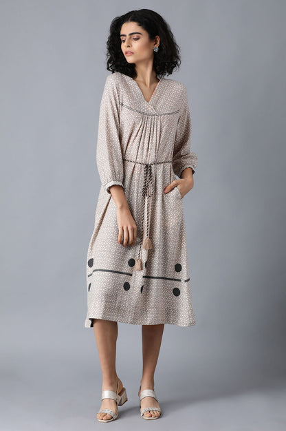 Beige V-Neck Printed Dress