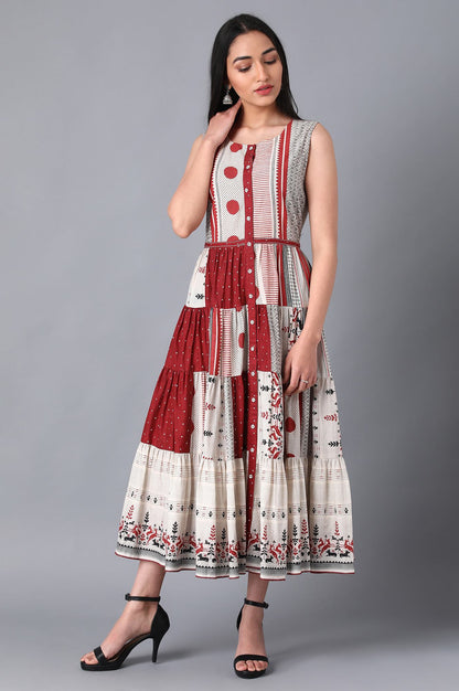 Ecru Round Neck Tiered Dress